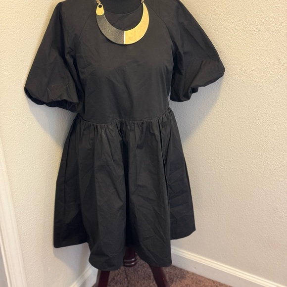 English Factory Black Puff Sleeve Baby Doll Dress A Line Fit Flare Cotton M - Picture 4 of 9